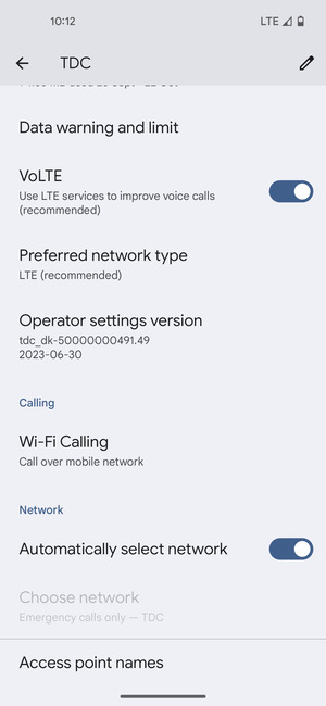 Scroll to and select Access point names