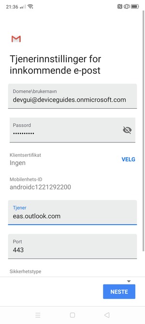 Skriv inn Brukernavn og Exchange serveradresse. Velg NESTE