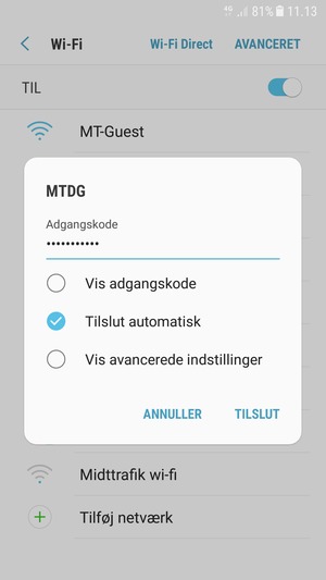 Indtast Wi-Fi adgangskoden og vælg TILSLUT