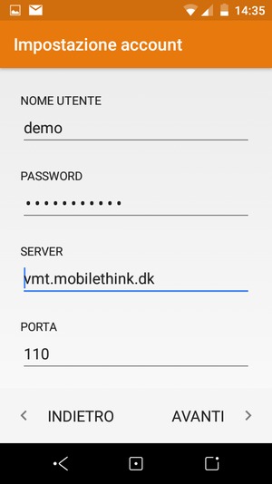 Inserisci NOME UTENTE e l'indirizzo del server di posta in arrivo. Seleziona AVANTI