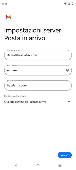 Inserisci Nome utente e l'indirizzo del server di posta in arrivo. Seleziona Avanti