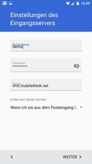 Geben Sie Benutzername und die Server-Adresse für eingehende Post ein. Wählen Sie WEITER