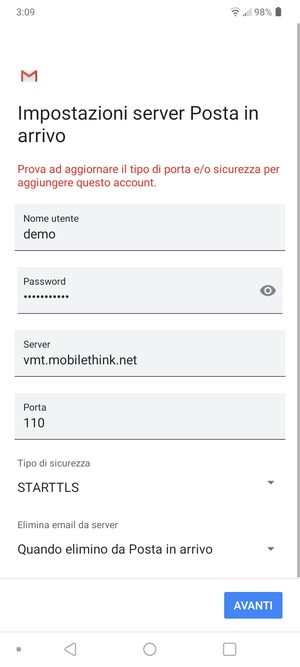 Seleziona Tipo di sicurezza