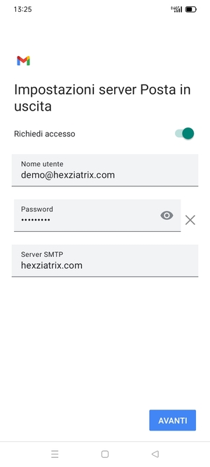 Inserisci l'indirizzo del server di posta in uscita e seleziona AVANTI