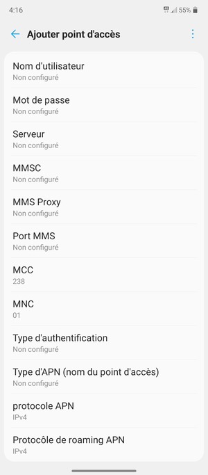 Faites défiler vers le bas et saisissez les informations MMS
