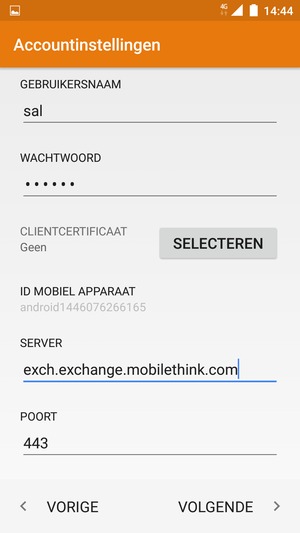 Voer GEBRUIKERSNAAM en Exchange serveradres in. Selecteer VOLGENDE