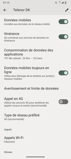 Activer ou désactiver Itinérance