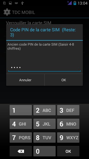 Saisissez votre Ancien code PIN de la carte SIM et sélectionnez OK