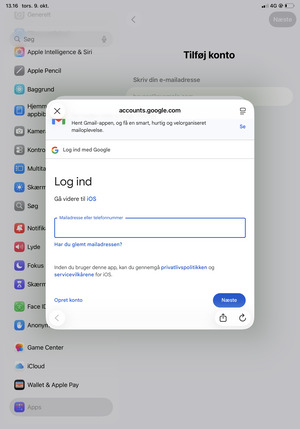 Indtast din e-mailadresse og vælg Næste