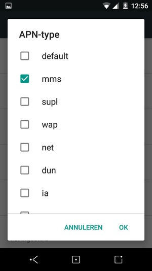 Vink het selectievakje mms aan en selecteer OK
