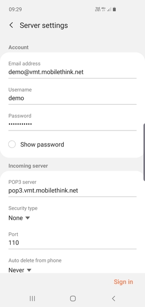 Enter Username and Incoming server address