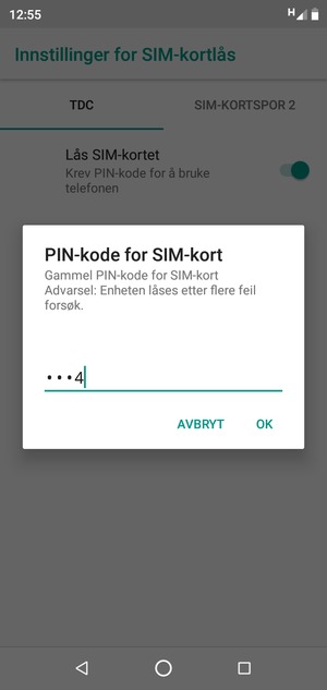 Skriv inn Gammel PIN-kode for SIM-kort og velg OK