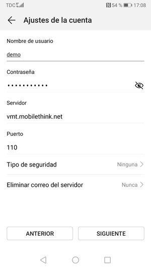 Introduzca Nombre de usuario y la dirección de servidor entrante. Seleccione SIGUIENTE