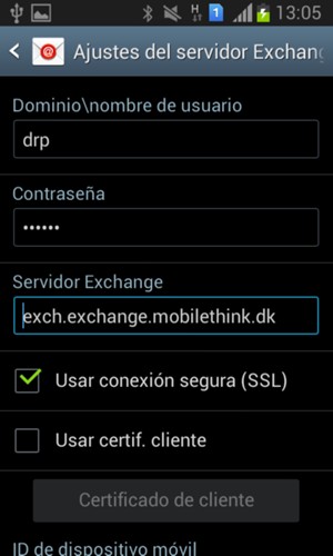 Introduzca Nombre de usario y la dirección de servidor Exchange
