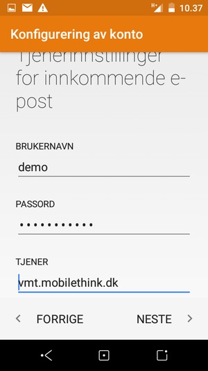 Skriv inn BRUKERNAVN og innkommende serveradresse. Velg NESTE
