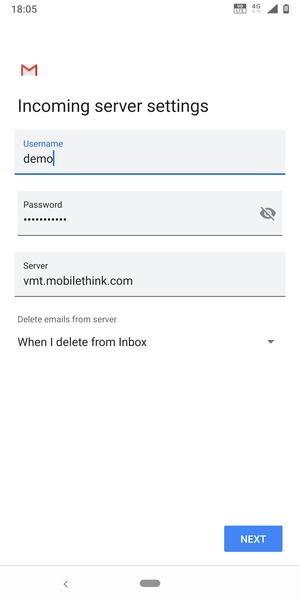 Enter Username and Incoming server address. Select NEXT
