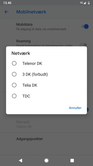 Vælg en netværksudbyder fra listen