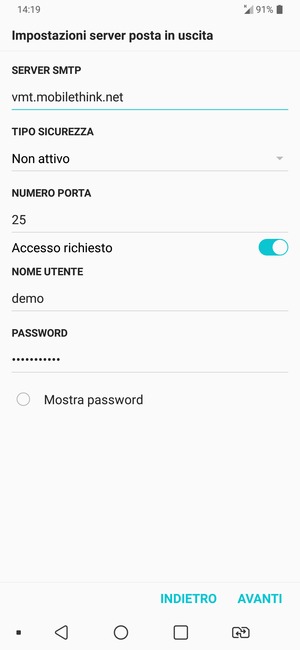 Inserisci l'indirizzo del server di posta in uscita