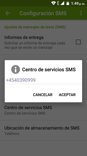 Introduzca el número de Centro de servicios  SMS y seleccione ACEPTAR