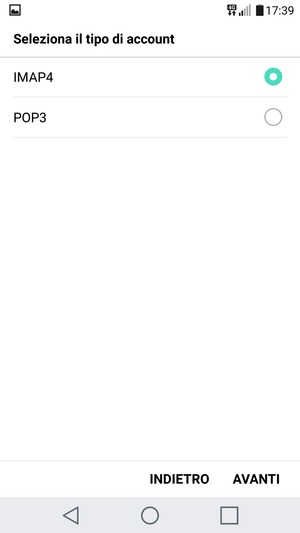 Seleziona IMAP4 o POP3 e poi AVANTI