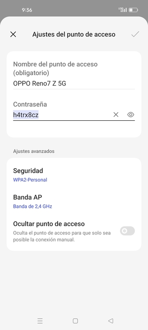 Introduzca una contraseña de punto de acceso Wi-Fi de al menos 8 caracteres y seleccione Aceptar