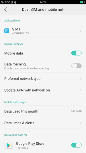Select SIM1 or SIM2