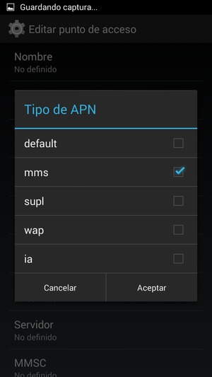 Marque la casilla de verificación mms y seleccione Aceptar