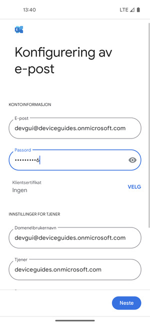 Skriv inn Brukernavn og Exchange serveradresse. Velg Neste
