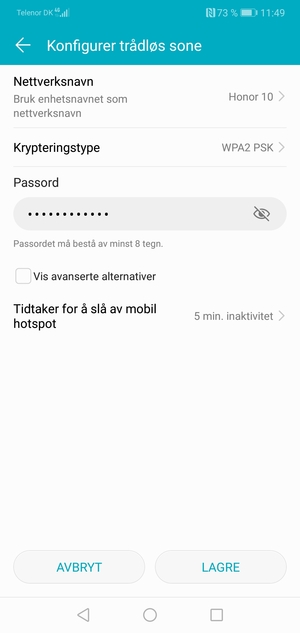 Skriv inn et Wi-Fi hotspot-passord på minst 8 tegn og velg LAGRE