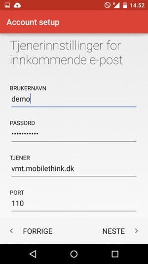 Skriv inn Brukernavn og innkommende serveradresse. Velg NESTE