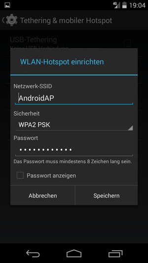 Geben Sie eine WLAN-Hotspot-Passwort mit mindestens 8 Zeichen ein und wählen Sie Speichern