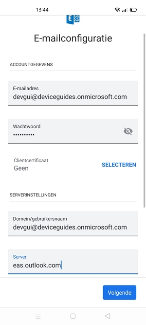 Voer Gebruikersnaam en Exchange serveradres in. Selecteer Volgende