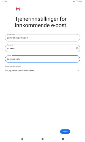 Skriv inn Brukernavn og innkommende serveradresse. Velg Neste