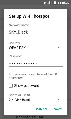 Enter a Wi-Fi hotspot password of at least 8 characters and select SAVE