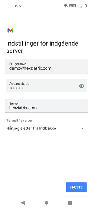 Indtast Brugernavn og indgående serveradresse. Vælg NÆSTE