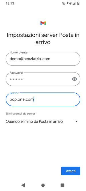 Inserisci Nome utente e l'indirizzo del server di posta in arrivo. Seleziona Avanti