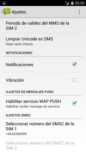 Desplácese y seleccione Seleccionar número del SMSC de la SIM