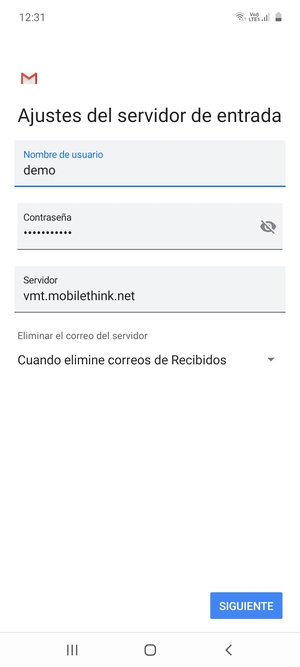 Introduzca Nombre de usuario y la dirección de servidor entrante. Seleccione SIGUIENTE