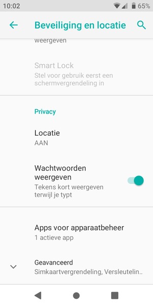 Om de pin voor de simkaart te wijzigen, keert u terug naar het menu Beveiliging en locatie en selecteert u Geavanceerd