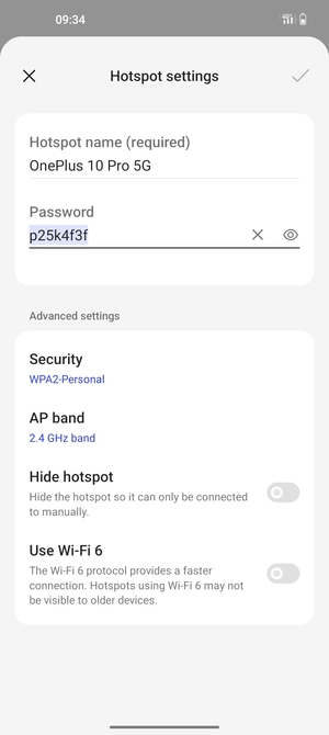 Enter a Wi-Fi hotspot password of at least 8 characters and select OK