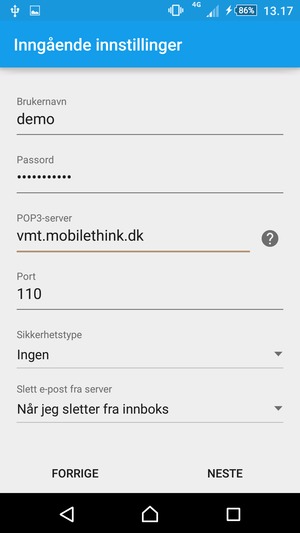 Skriv inn Brukernavn og innkommende serveradresse. Velg NESTE