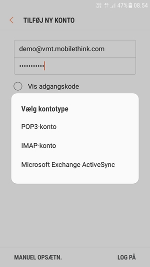 Vælg POP3-konto eller IMAP-konto