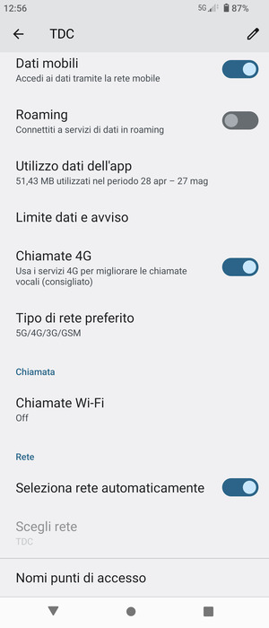 Scorri e seleziona Tipo di rete preferito