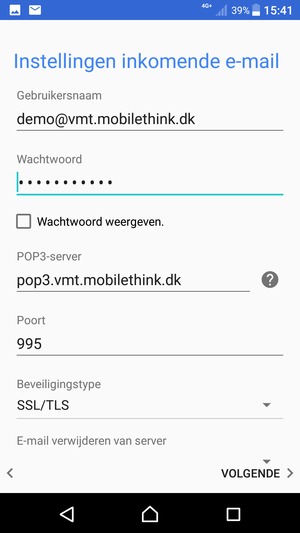 Voer Gebruikersnaam en binnenkomend serveradres in