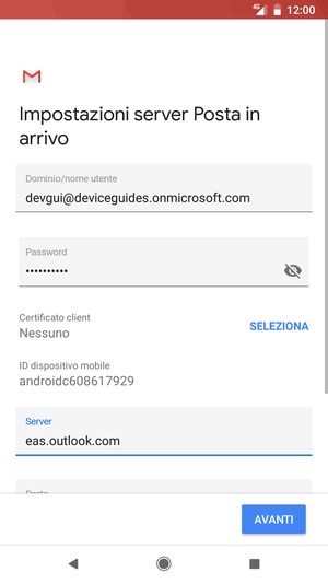 Inserisci Nome utente e l'indirizzo del server Exchange. Seleziona AVANTI
