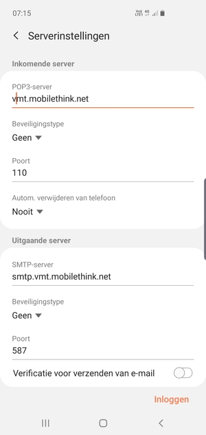 Schakel Verificatie voor verzenden van e-mail uit en selecteer Inloggen