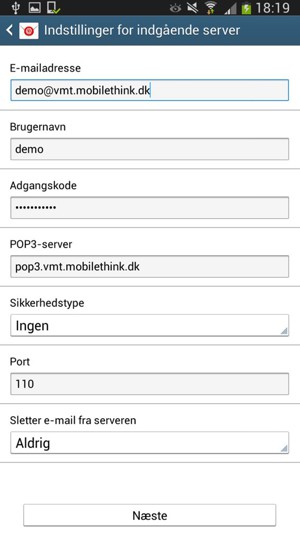 Indtast Brugernavn  og indgående serveradresse. Vælg Næste