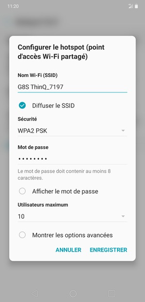 Saisissez un mot de passe de hotspot Wi-Fi d'au moins 8 caractères et sélectionnez ENREGISTRER