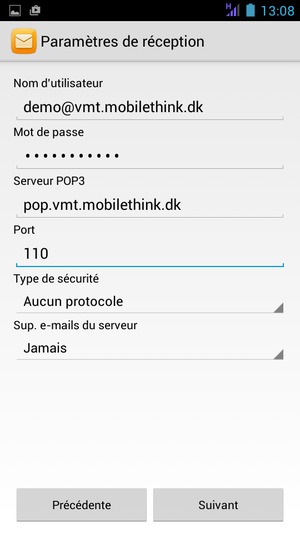 Saisissez votre Nom d'utilisateur et l'adresse du serveur entrant. Sélectionnez Suivant