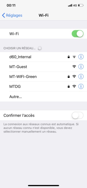 Réglez la connexion Wi-Fi sur ON. Sélectionnez le réseau sans fil auquel vous souhaitez vous connecter